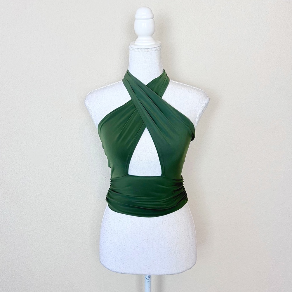 Fashion Nova Olive Green Slinky Multi-way Criss Cross Halter Cut Out Crop Top